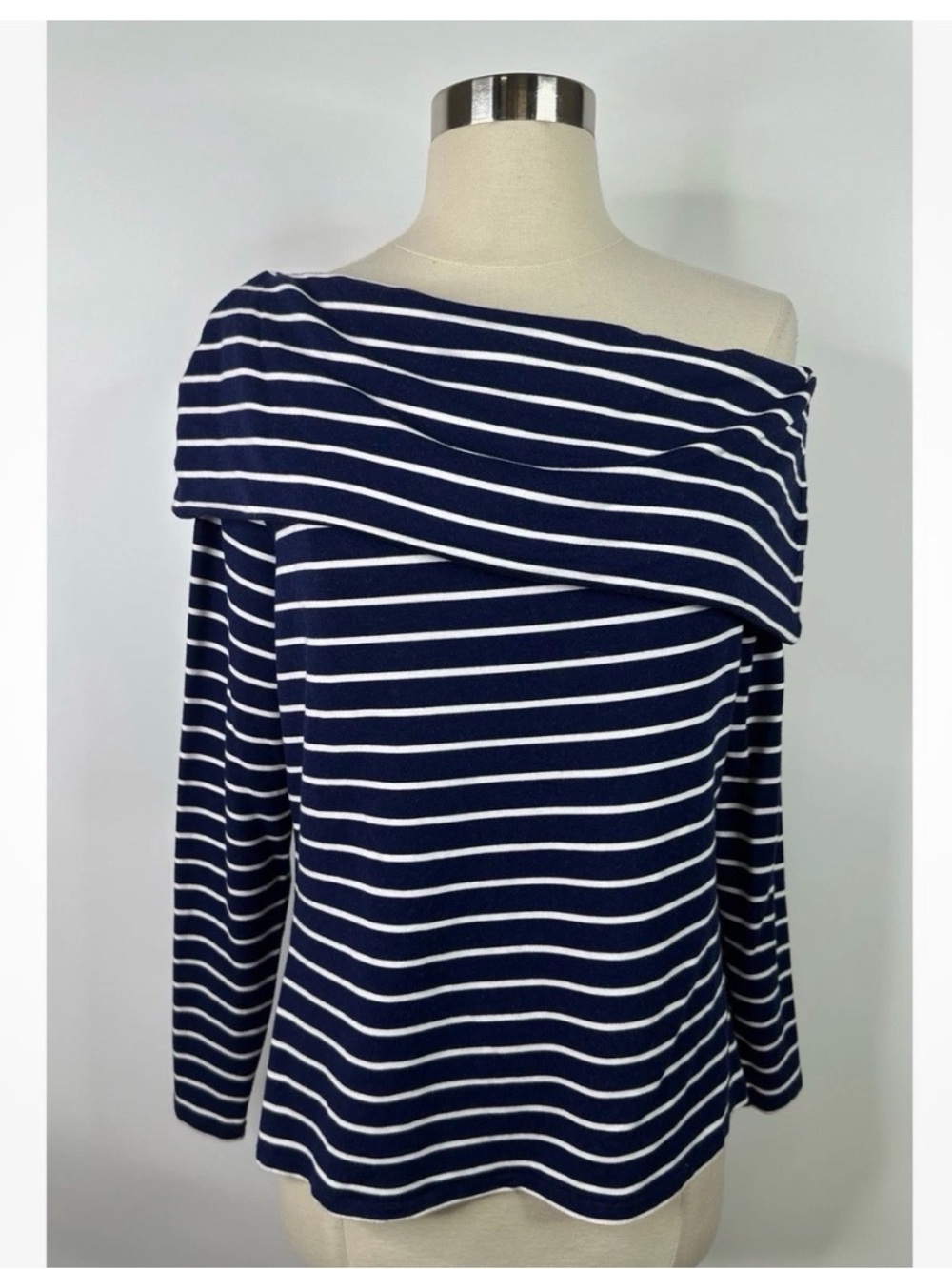 Club Mónaco Striped Off-Shoulder Navy and White Long-Sleeve Top